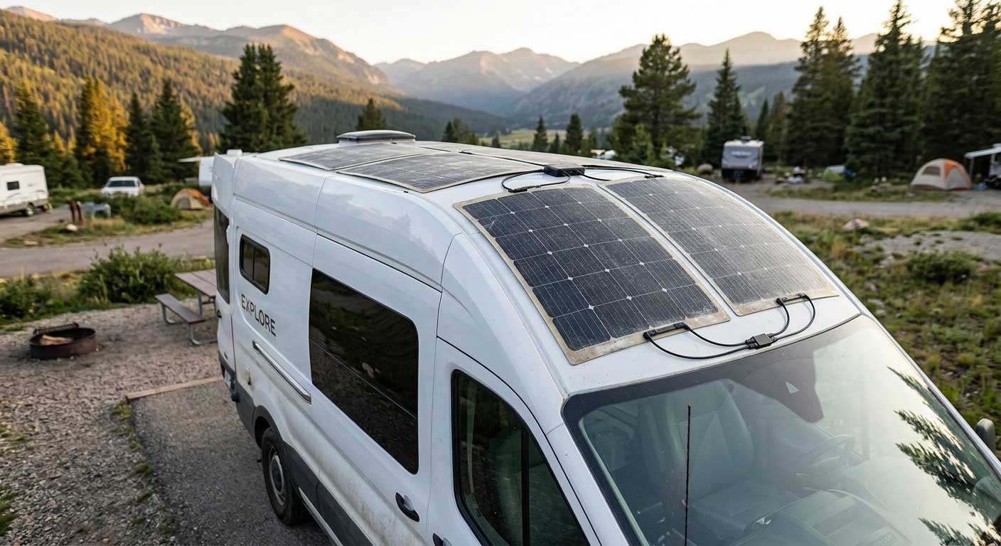 How Long Does a Flexible Solar Panel Last? 1 Flexible solar panel installed on an RV roof after long-term outdoor exposure