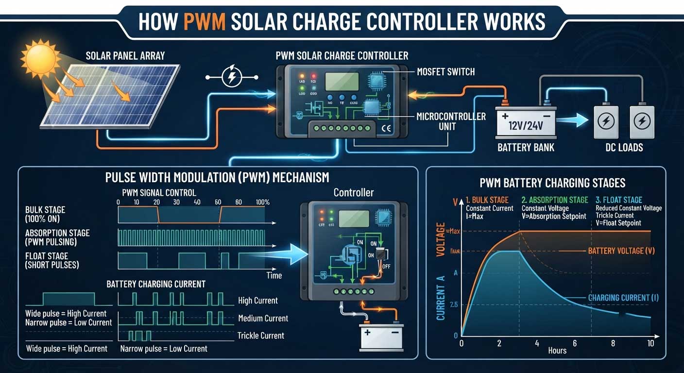 MPPT vs PWM Charge Controller for Solar Panels: Complete Comparison Guide 3 pwm solar charge controller working 3