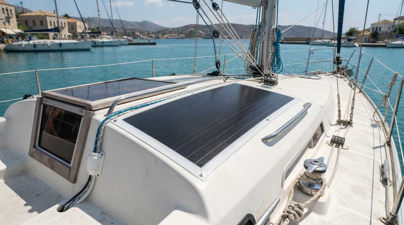 Black Flexible Solar Panel: Design, Performance, and Applications 2 Black Flexible Solar Panel on a Yacht Cabin Roof 2