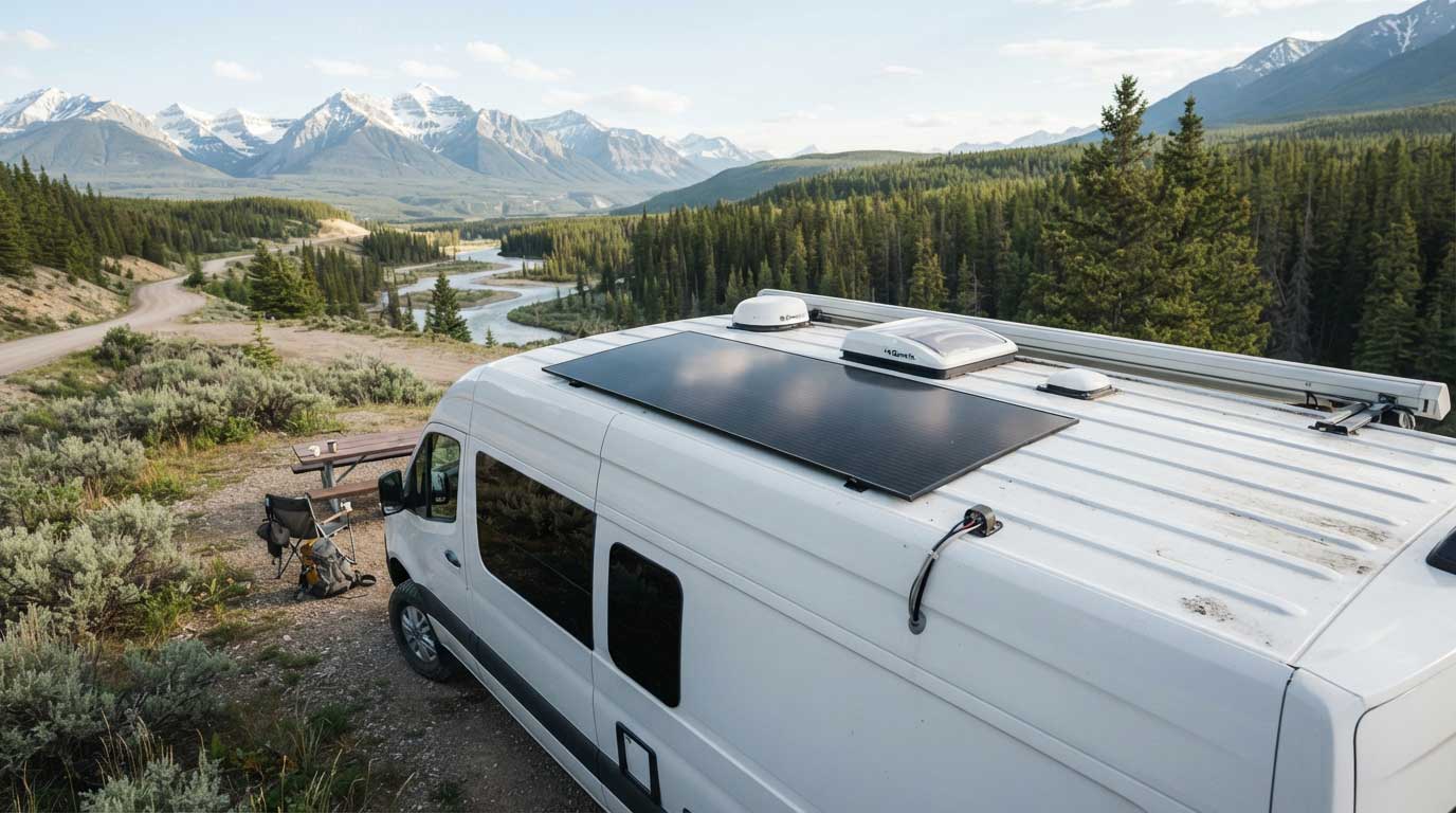 Flexible Adhesive Solar Panels: Uses, Mounting and Buying Guide 1 Flexible Adhesive Solar Panel on a Campervan Roof