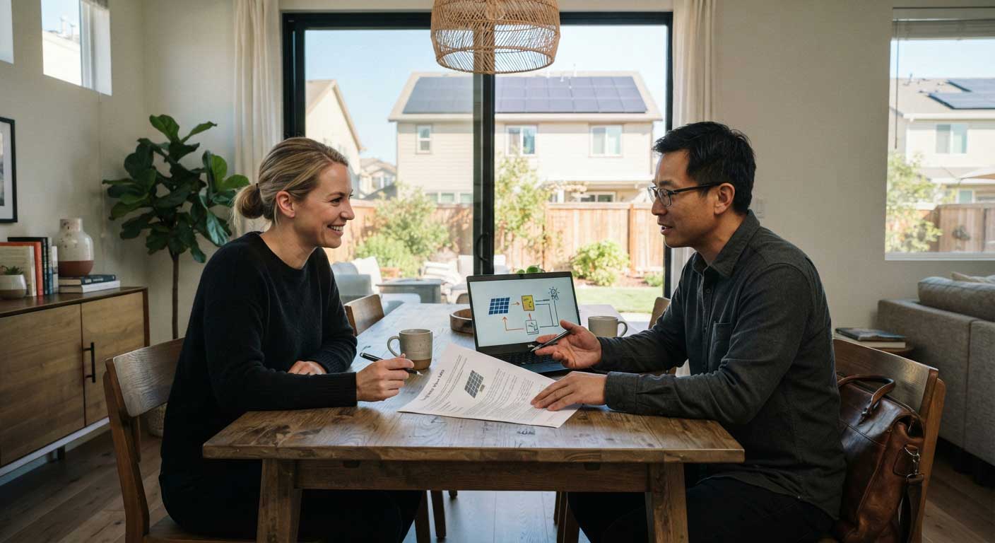 How Does Leasing Solar Panels Work? 1 Homeowner reviewing a solar panel lease agreement with a professional solar consultant