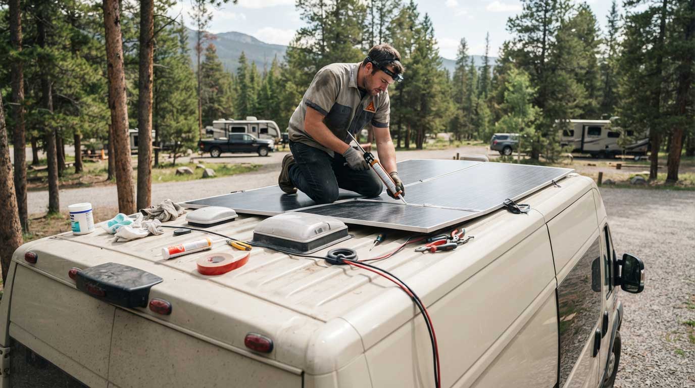 Camper Flexible Solar Panels: Lightweight Solar Power Solution for RV Travel 2 Installing Flexible Solar Panels on a Camper Van Roof 2