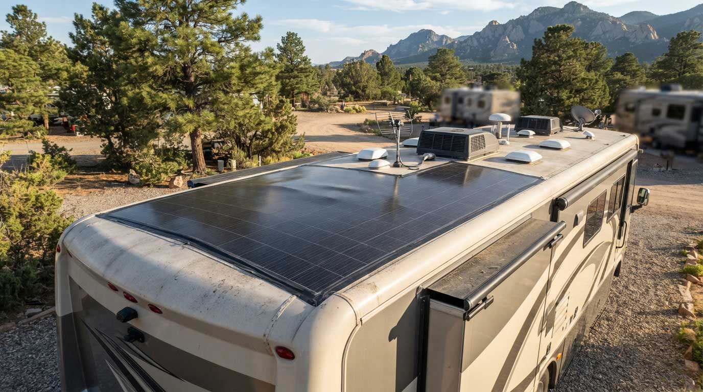 Biggest Flexible Solar Panel: Size, Power, and Applications 1 Large Flexible Solar Panel on a Motorhome Roof 1