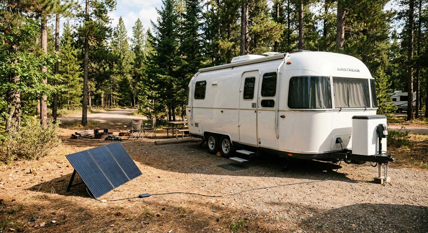 How to Connect Portable Solar Panel to RV Battery? 2 Portable Solar Panel Charging an RV Battery at a Campsite 2
