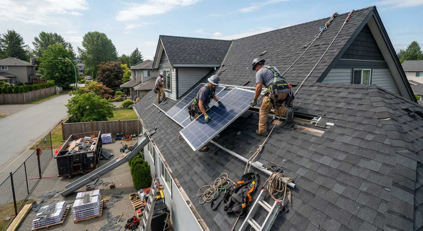 How Do You Replace a Roof With Solar Panels? 1 Professional solar technicians removing rooftop solar panels before roof replacement
