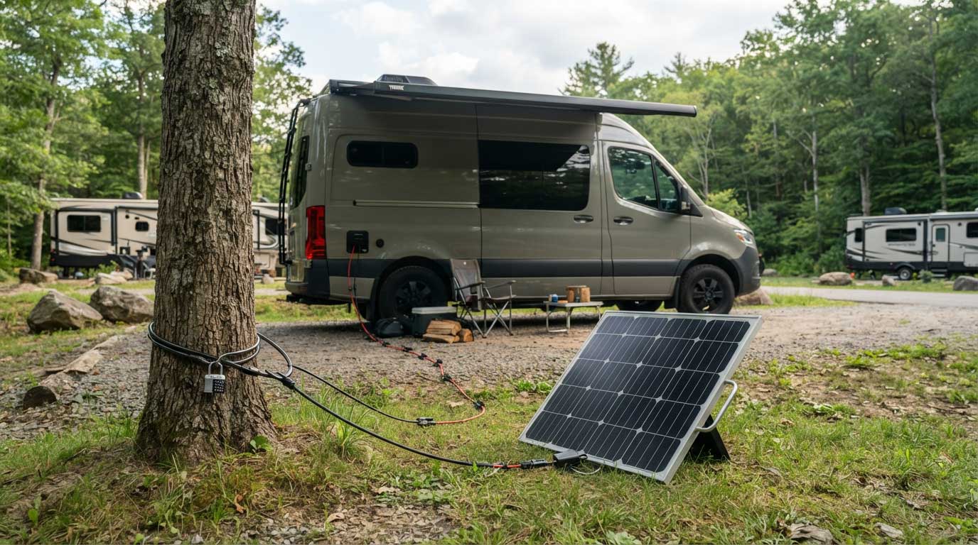 how to keep portable solar panels from being stolen? 1 Secure Portable Solar Panel at an RV Campsite 1