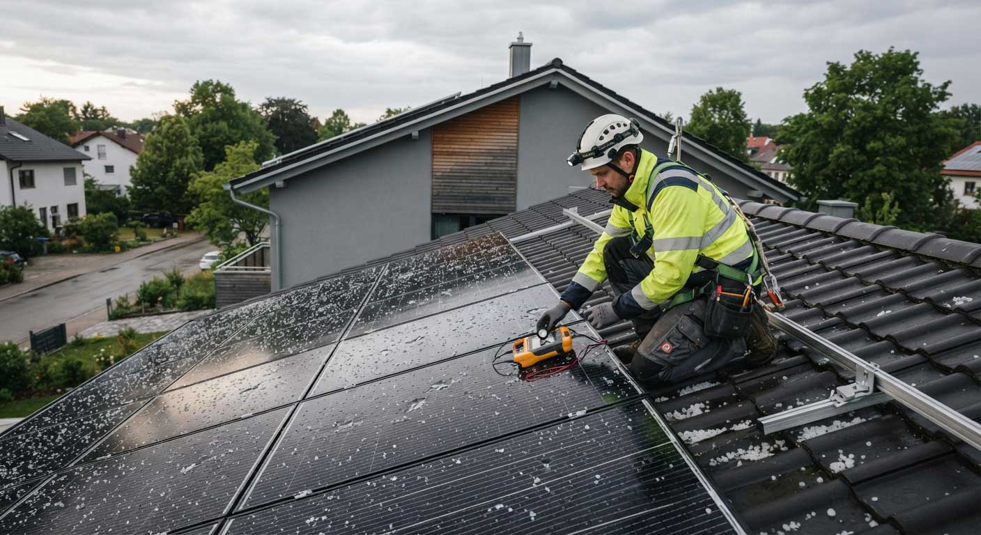 How to Protect Solar Panels from Hail? 2 Solar Technician Inspecting Panels After Hail Storm 2