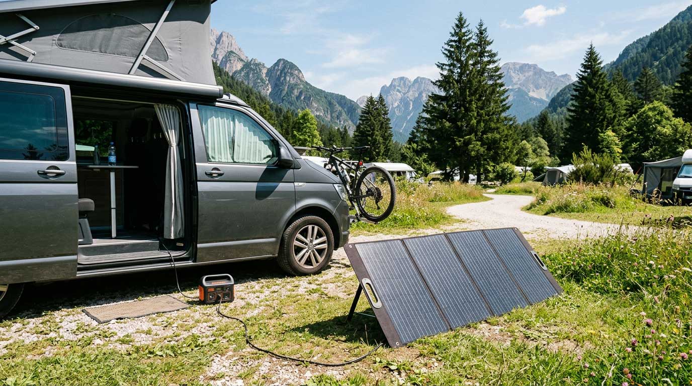 140 Watt Folding Solar Panel: Output, Battery Charging and Camping Guide 1 140 Watt Folding Solar Panel at a Campsite