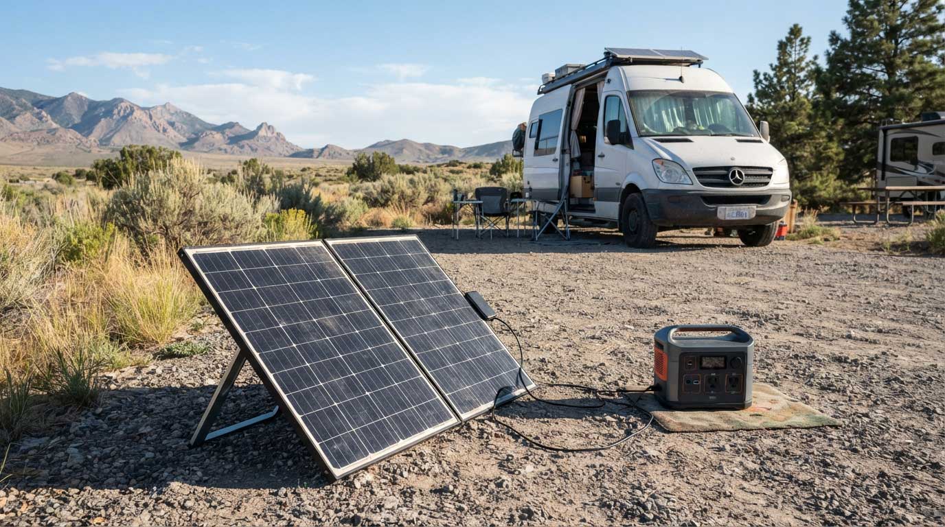 Solar Panel Foldable 100W: Output, Uses and Buying Guide 2 A 100W foldable solar panel angled toward sunlight beside a portable power station