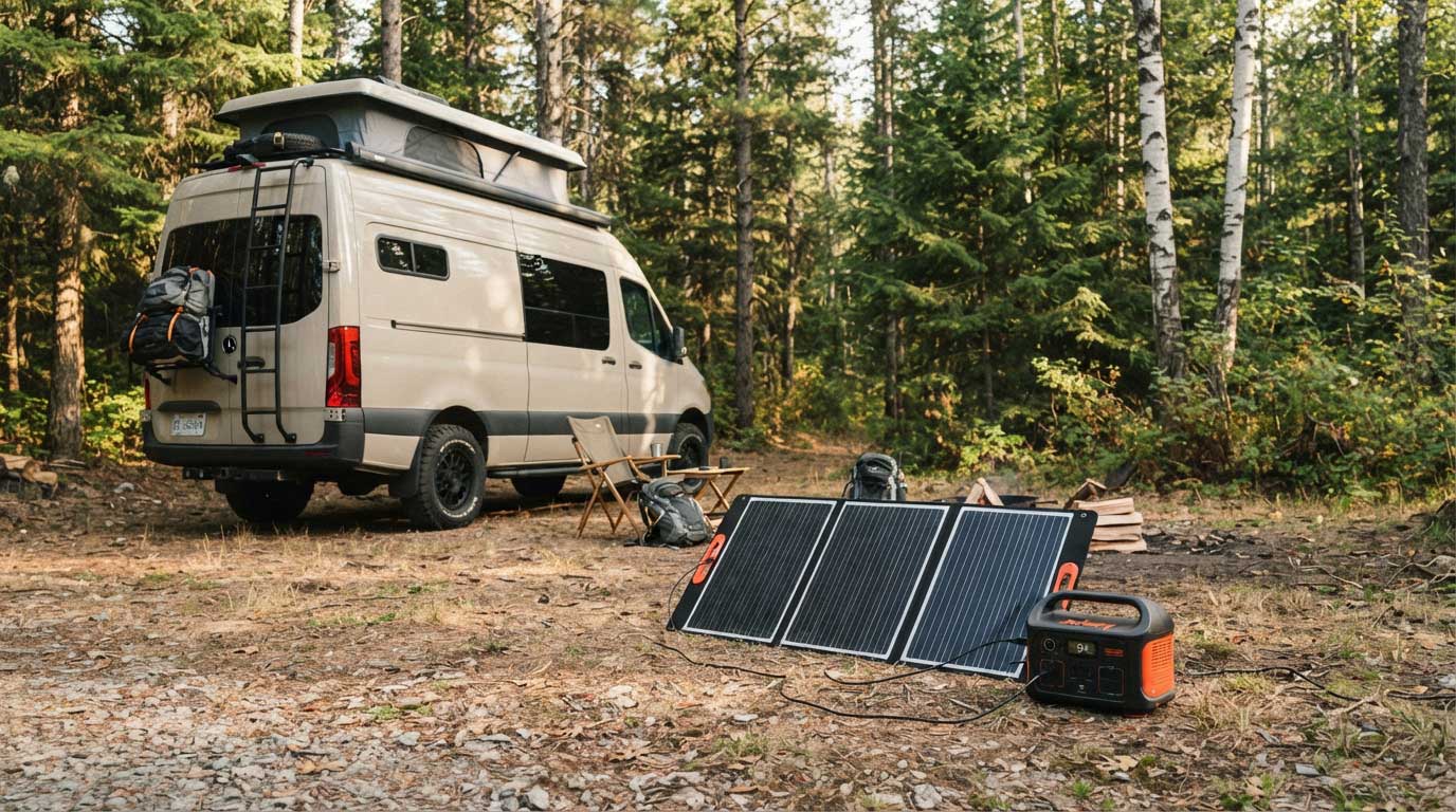 Camping Folding Solar Panels: How to Choose and Use Them 1 A portable solar charging station at a campsite