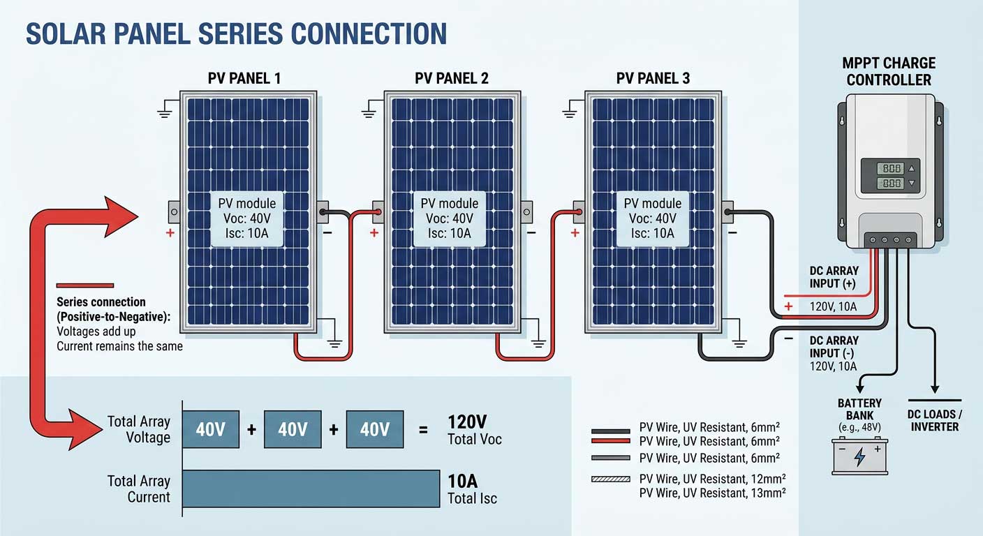 How to connect solar panels in series? 1 Solar Panels Connected in Series Wiring Diagram